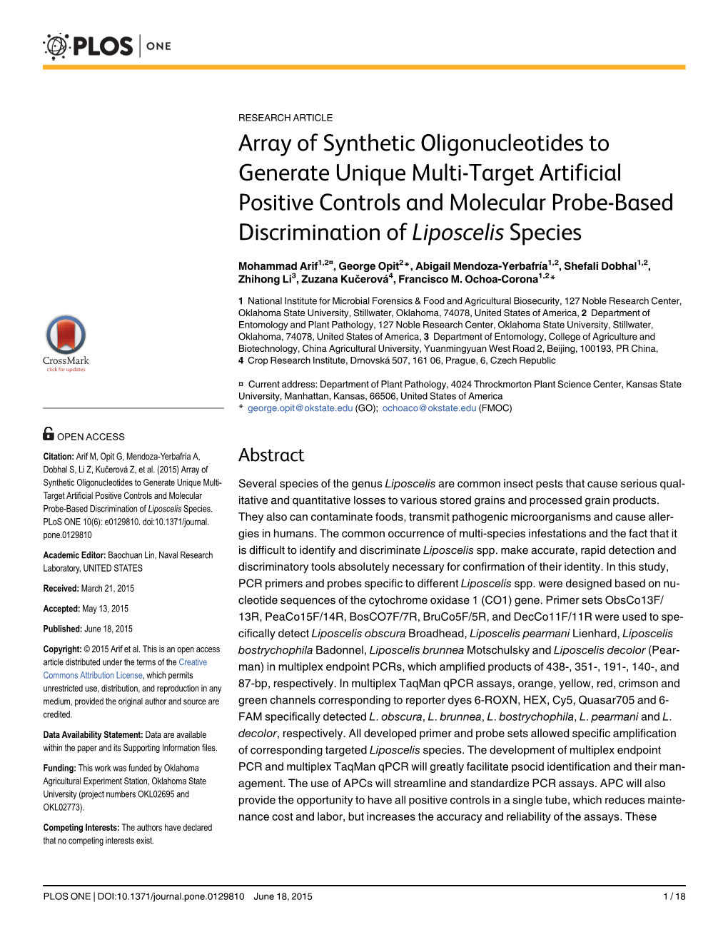 Array of Synthetic Oligonucleotides to Generate Unique Multi-Target Artificial Positive Controls and Molecular Probe-Based Discrimination of Liposcelis Species