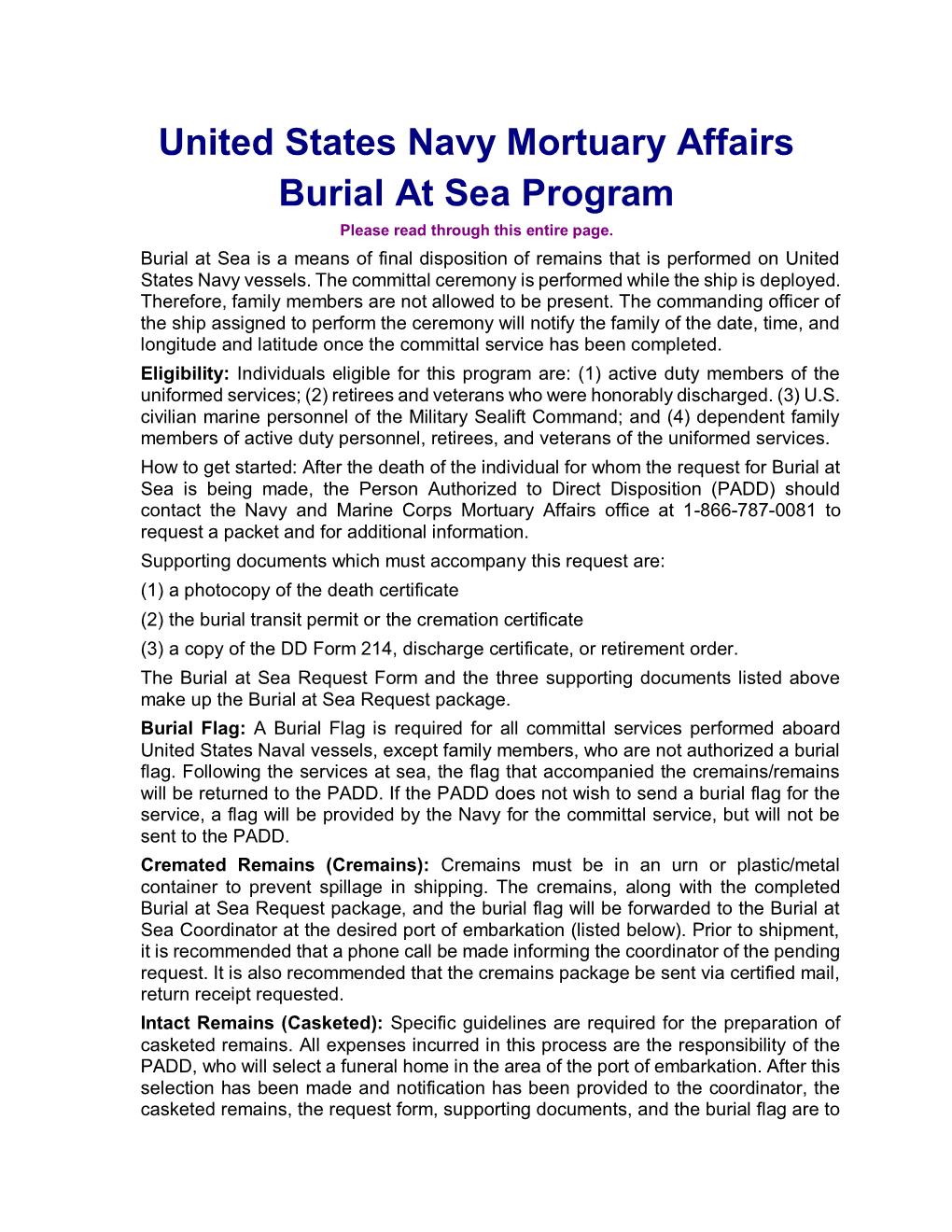 United States Navy Mortuary Affairs Burial at Sea Program Please Read Through This Entire Page