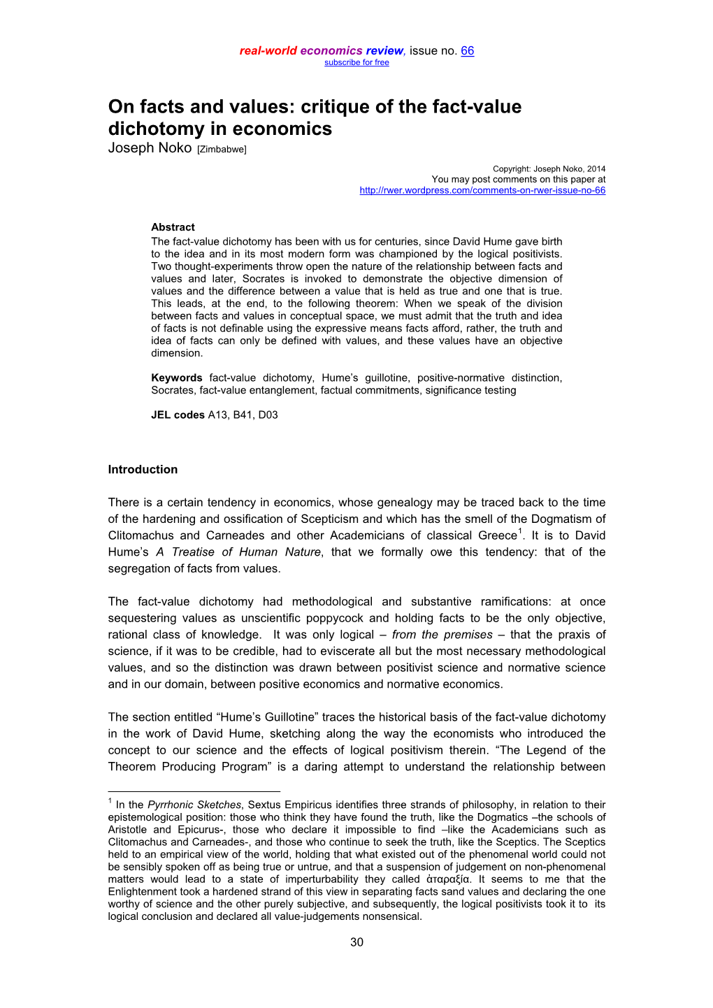 On Facts and Values: Critique of the Fact-Value Dichotomy in Economics Joseph Noko [Zimbabwe]