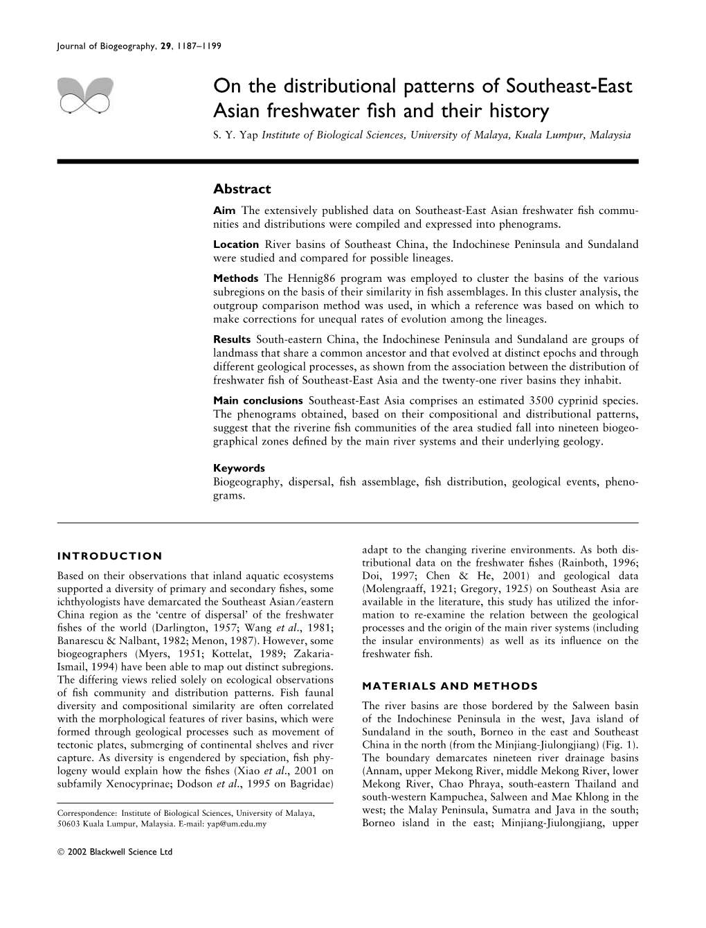 On the Distributional Patterns of Southeast-East Asian Freshwater ﬁsh and Their History S