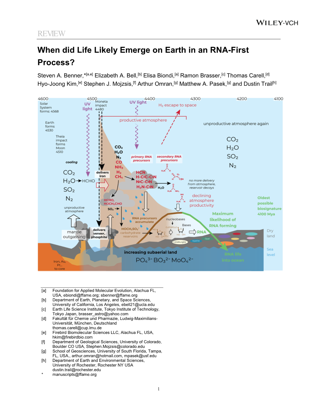 When Did Life Likely Emerge on Earth in an RNA-First Process? Steven A