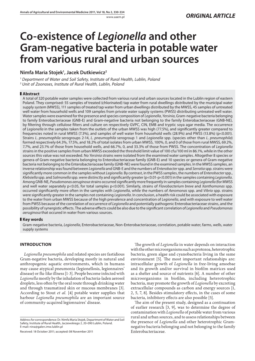 Co-Existence of Legionella and Other Gram-Negative Bacteria in Potable