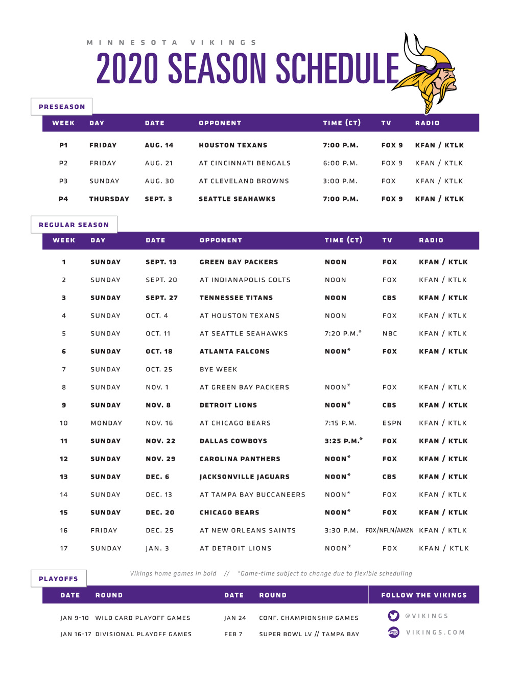 2020 SEASON SCHEDULE Preseason Week Day Date Opponent Time (Ct) Tv Radio