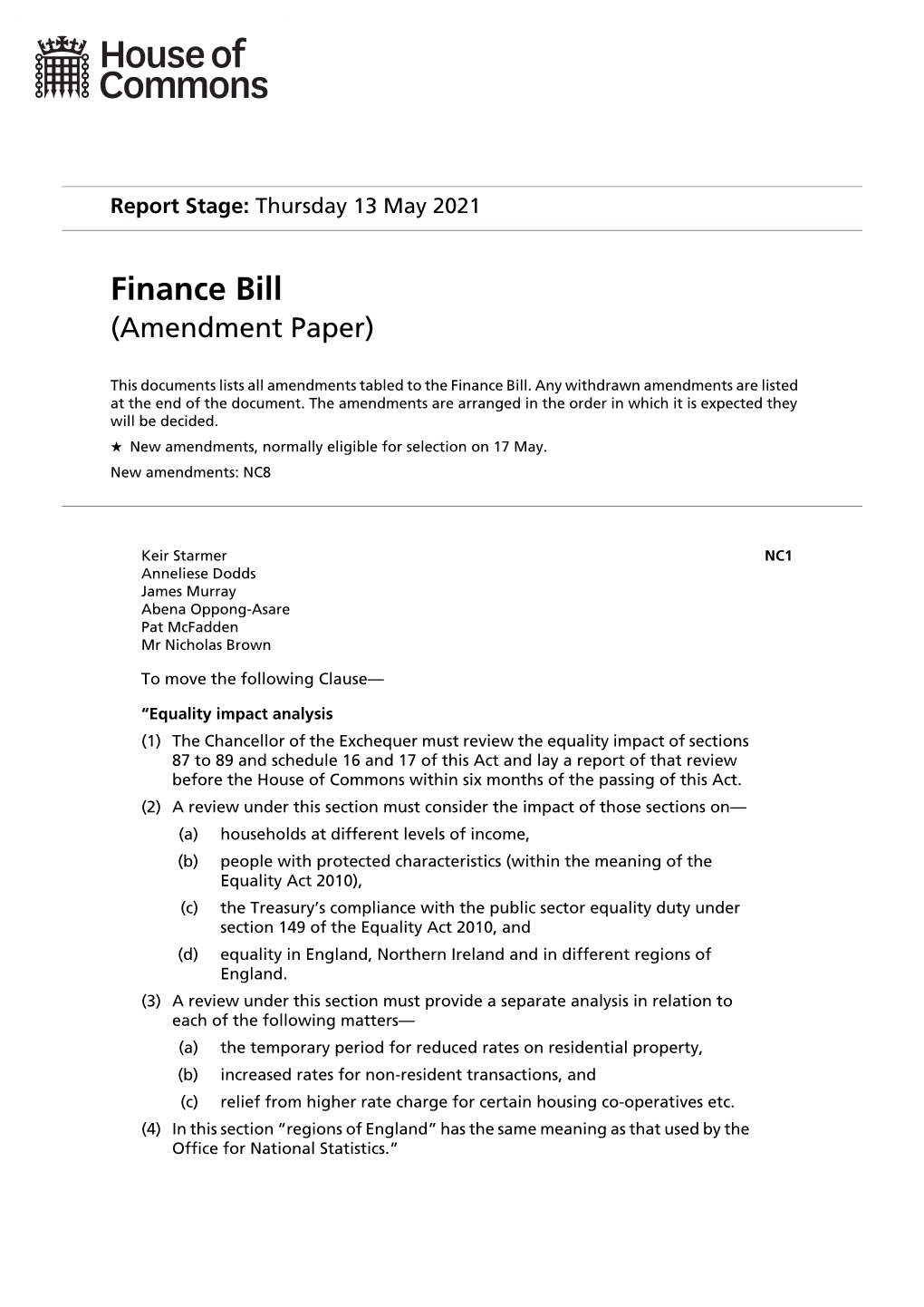 Finance Bill (Amendment Paper)
