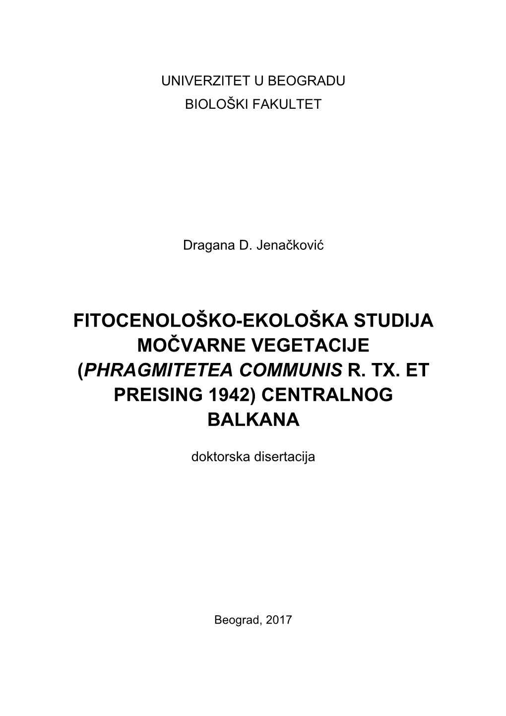 (Phragmitetea Communis R. Tx. Et Preising 1942) Centralnog Balkana