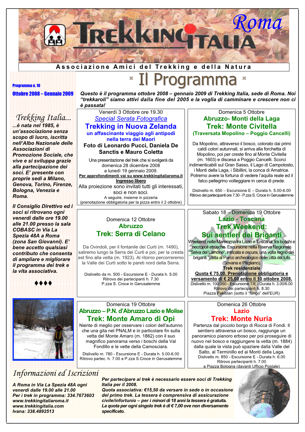 Il Programma Ottobre 2008 – Gennaio 2009 Di Trekking Italia, Sede Di Roma