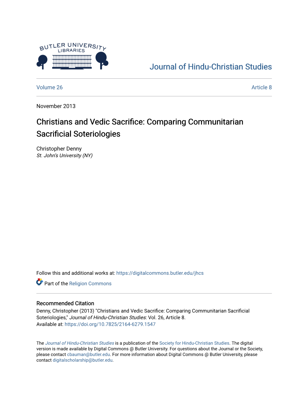 Christians and Vedic Sacrifice: Comparing Communitarian Sacrificial Soteriologies