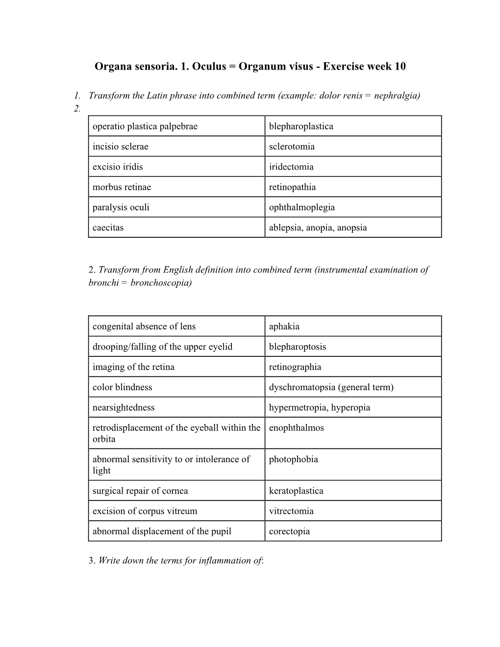 Organa Sensoria. 1. Oculus = Organum Visus - Exercise Week 10