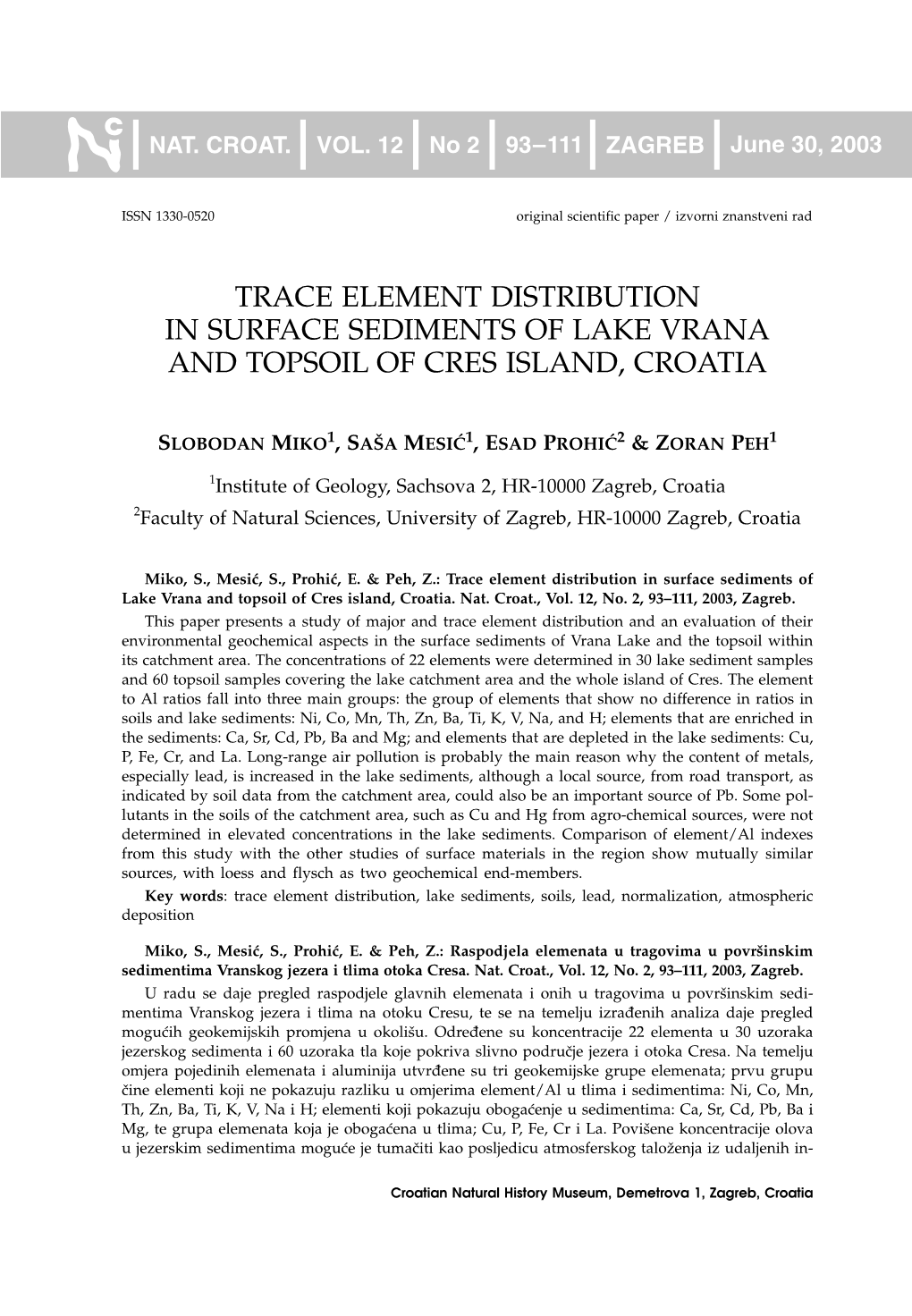 Trace Element Distribution in Surface Sediments of Lake Vrana and Topsoil of Cres Island, Croatia