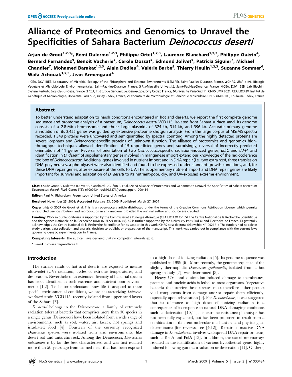 Alliance of Proteomics and Genomics to Unravel the Specificities of Sahara Bacterium Deinococcus Deserti