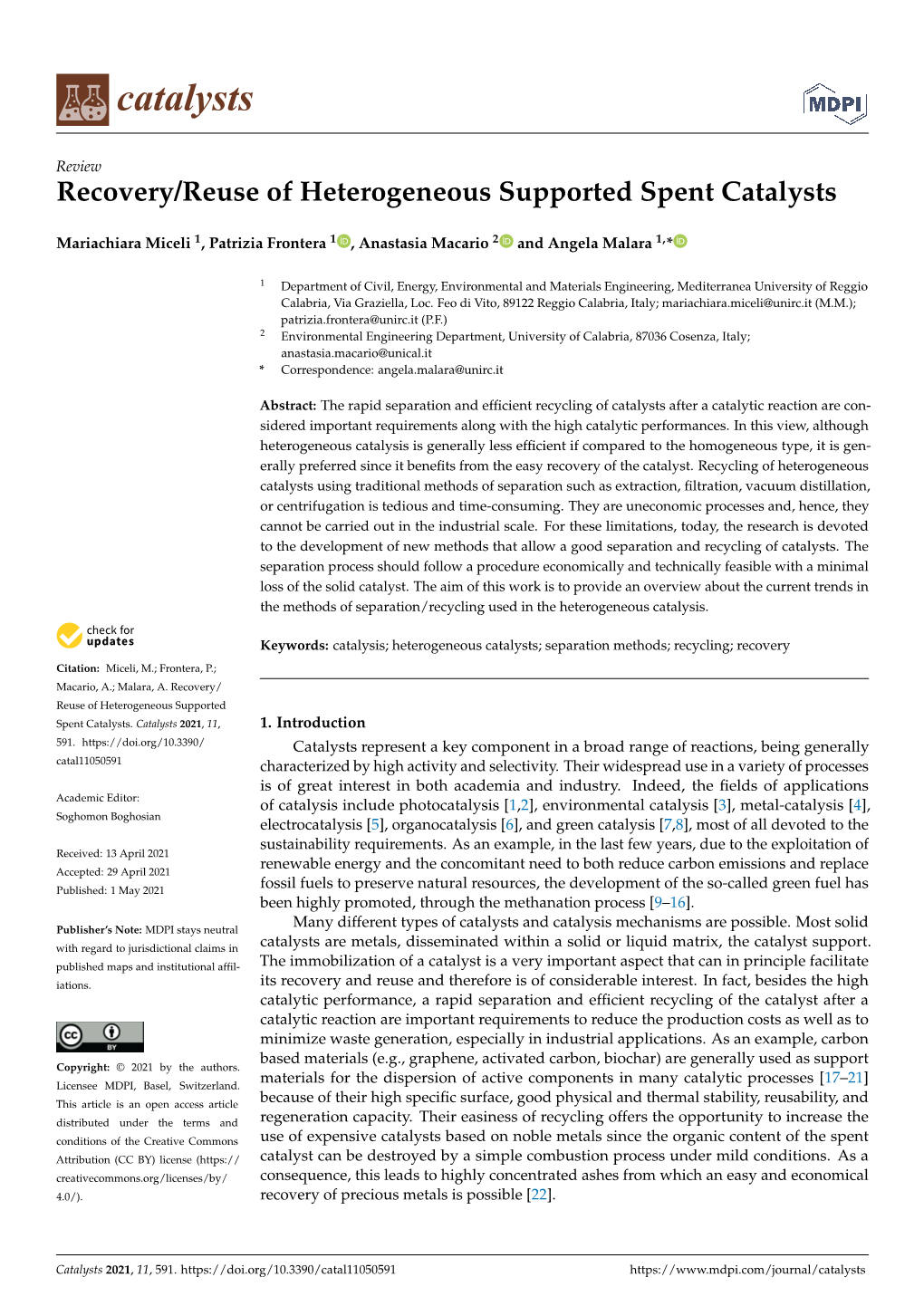 Recovery/Reuse of Heterogeneous Supported Spent Catalysts