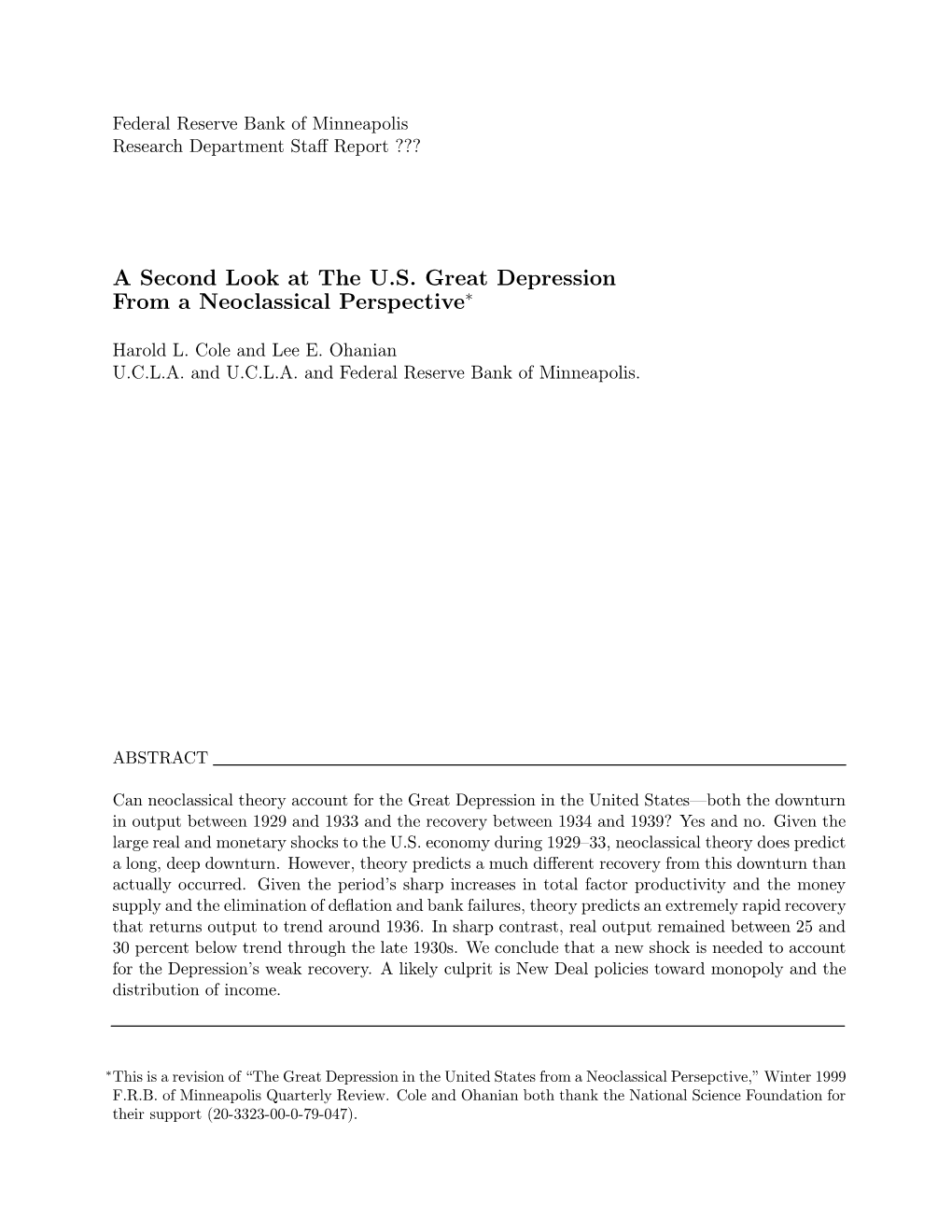 A Second Look at the U.S. Great Depression from a Neoclassical Perspective∗