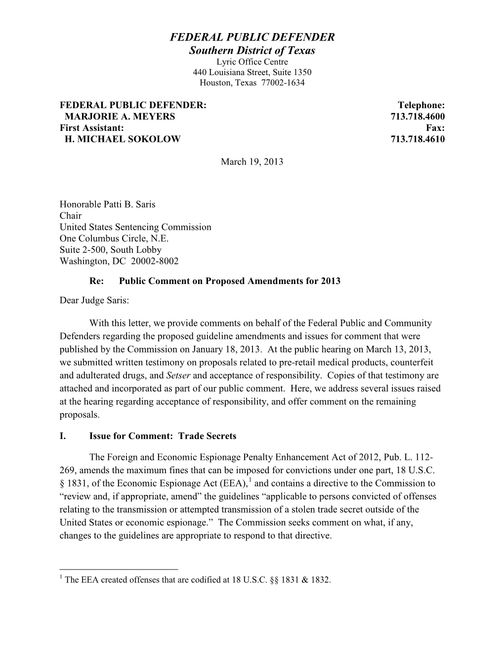 Federal Public and Community Defenders Regarding the Proposed Guideline Amendments and Issues for Comment That Were Published by the Commission on January 18, 2013