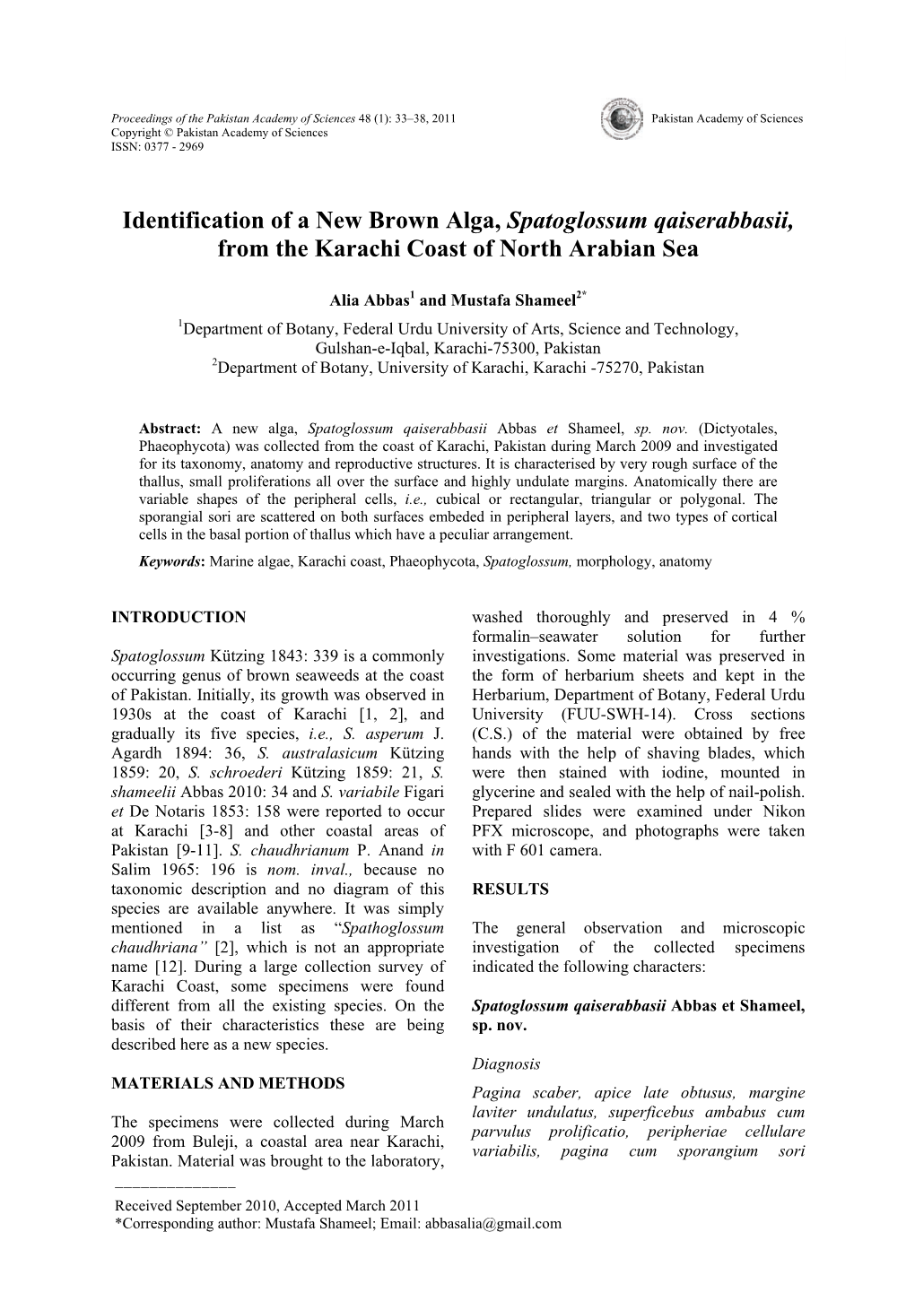 Identification of a New Brown Alga, Spatoglossum Qaiserabbasii, from the Karachi Coast of North Arabian Sea