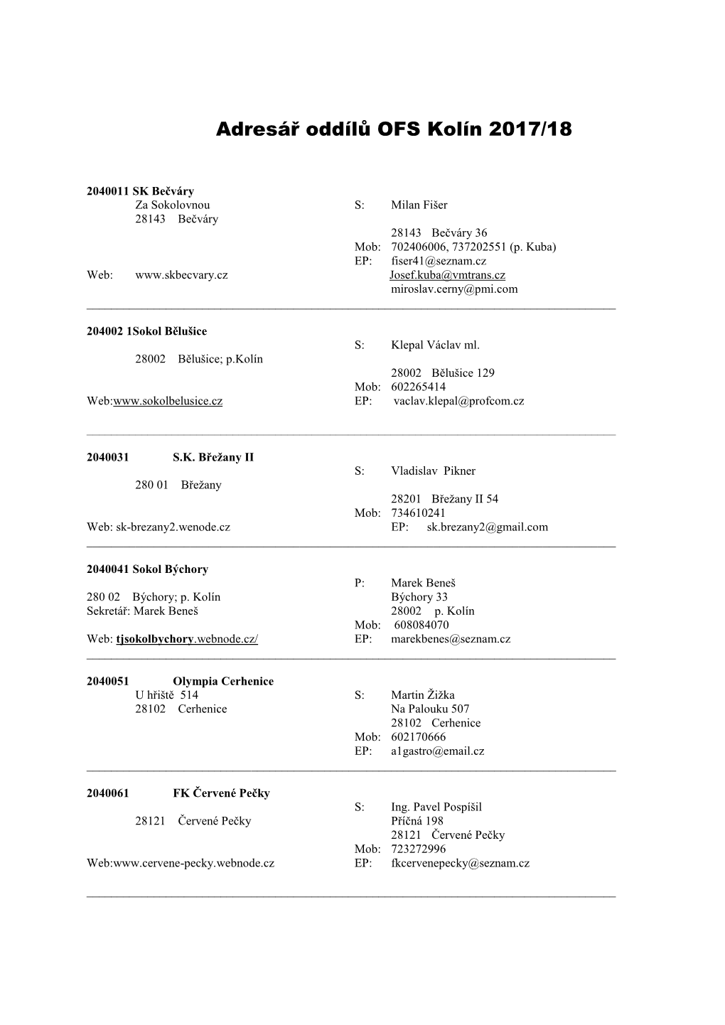 Adresář Oddílů OFS Kolín 2017/18