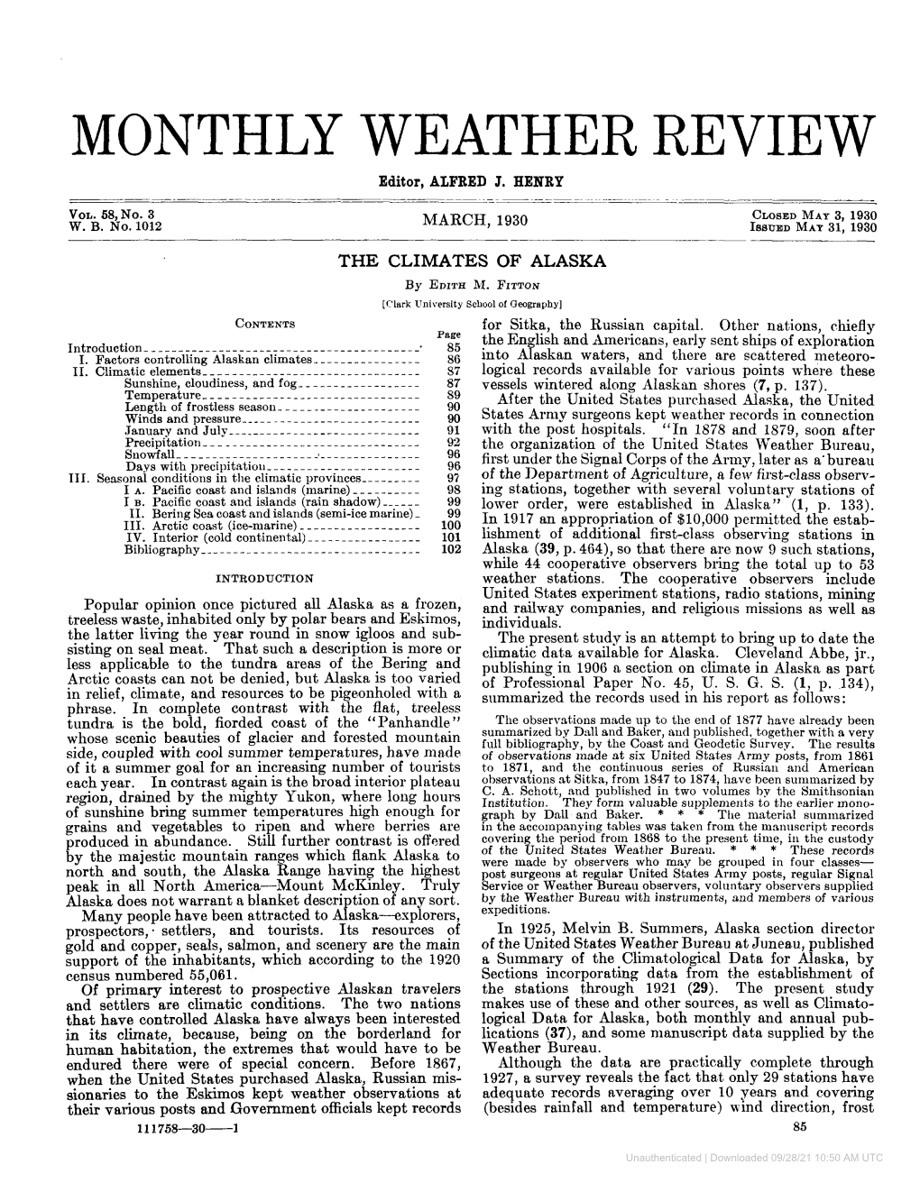 MONTHLY WEATHER REVIEW Editor, ALFRED J