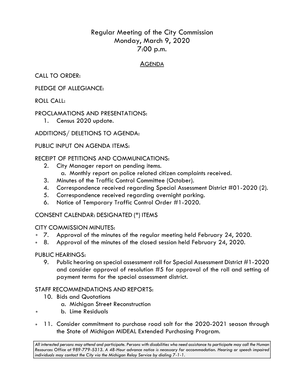 Regular Meeting of the City Commission Monday, March 9, 2020 7:00 P.M