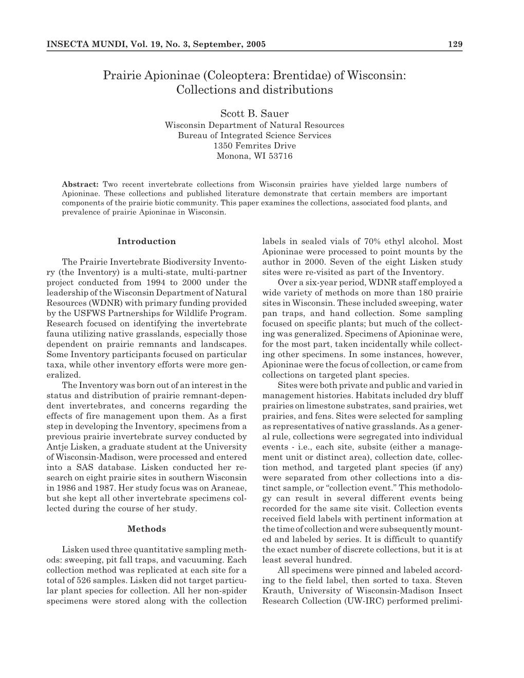 Prairie Apioninae (Coleoptera: Brentidae) of Wisconsin: Collections and Distributions