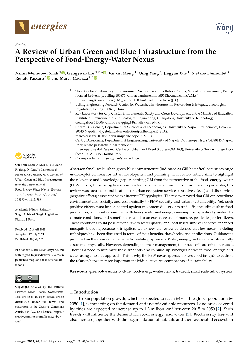A Review of Urban Green and Blue Infrastructure from the Perspective of Food-Energy-Water Nexus