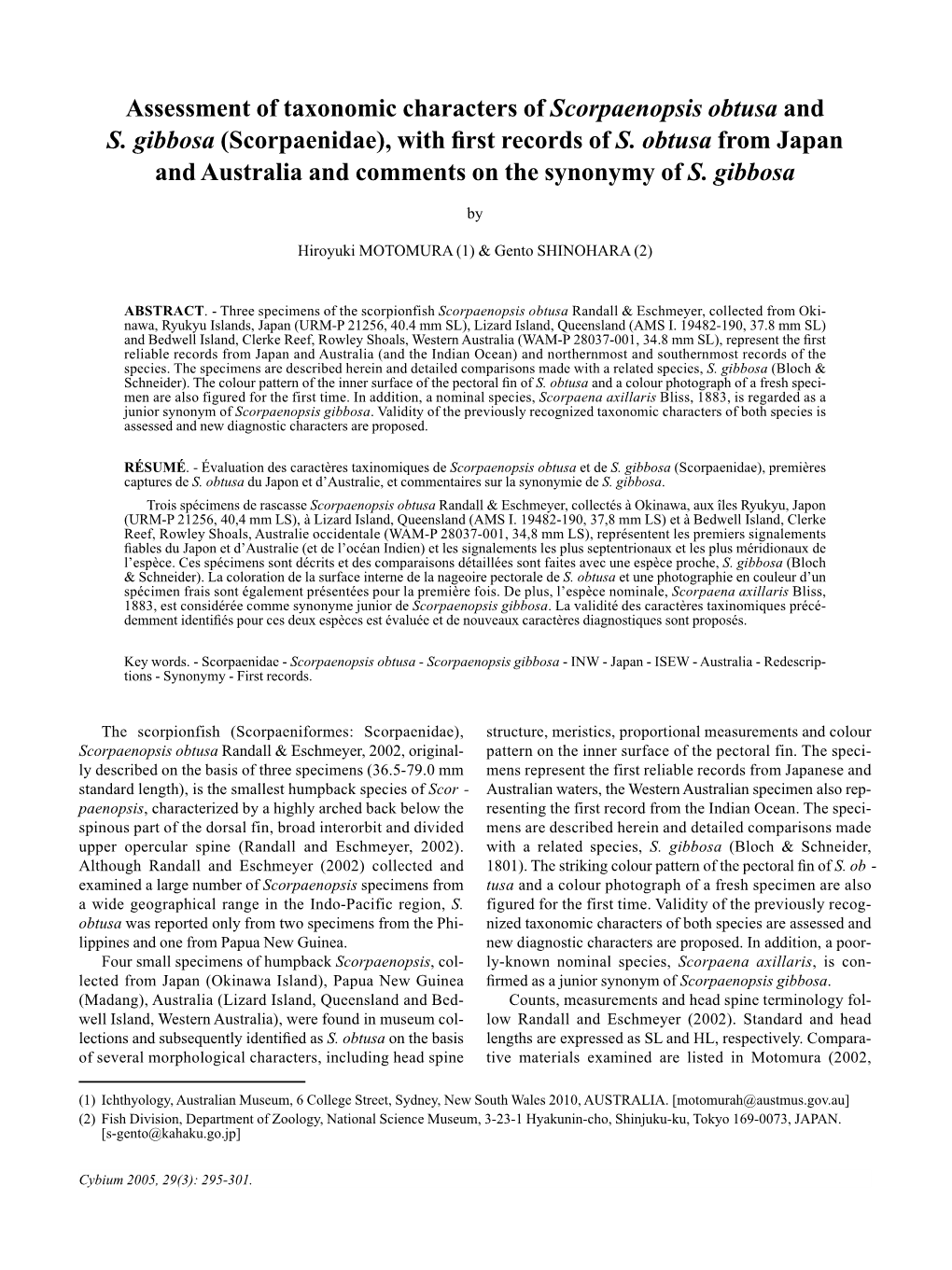 Assessment of Taxonomic Characters of Scorpaenopsis Obtusa and S. Gibbosa (Scorpaenidae), with First Records of S. Obtusa from J