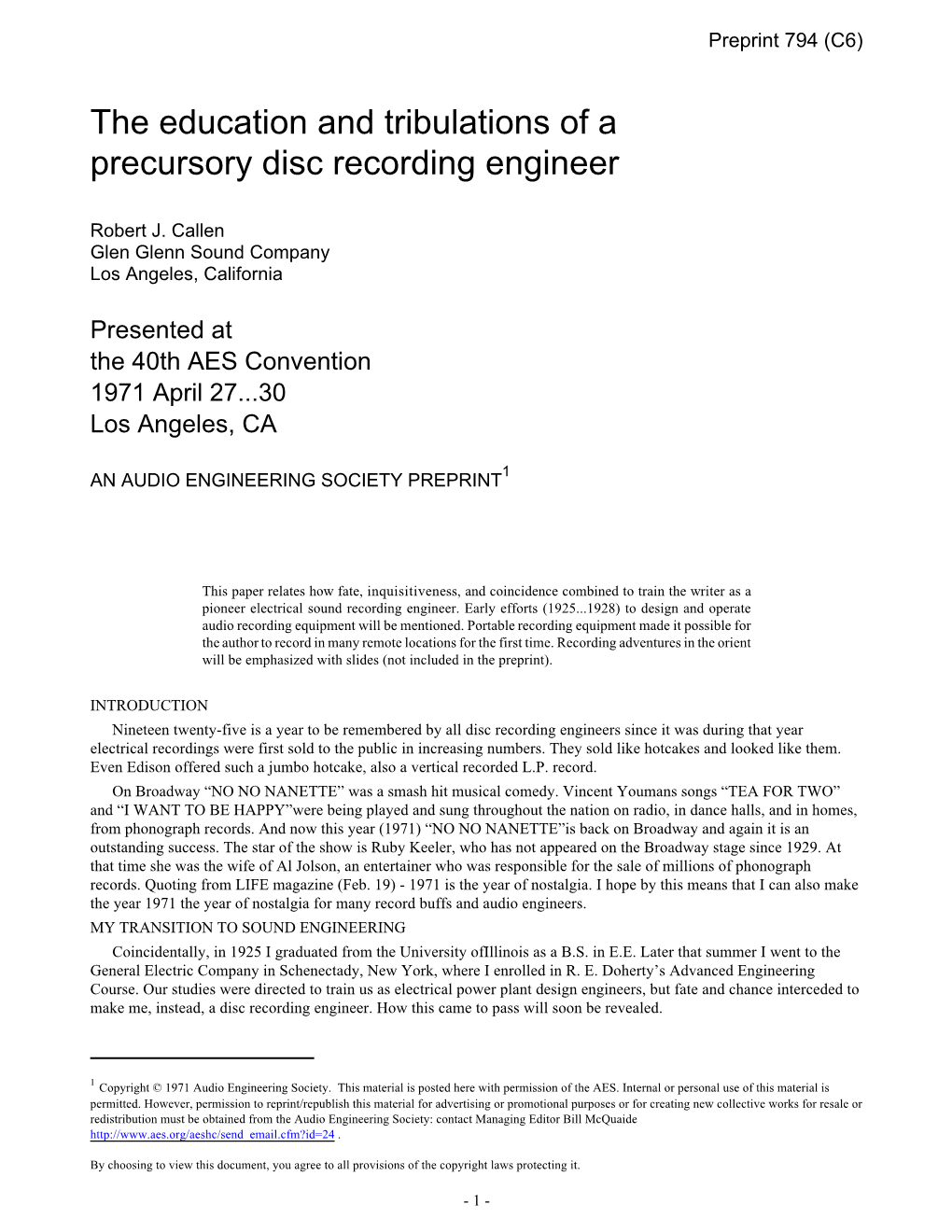 The Education and Tribulations of a Precursory Disc Recording Engineer