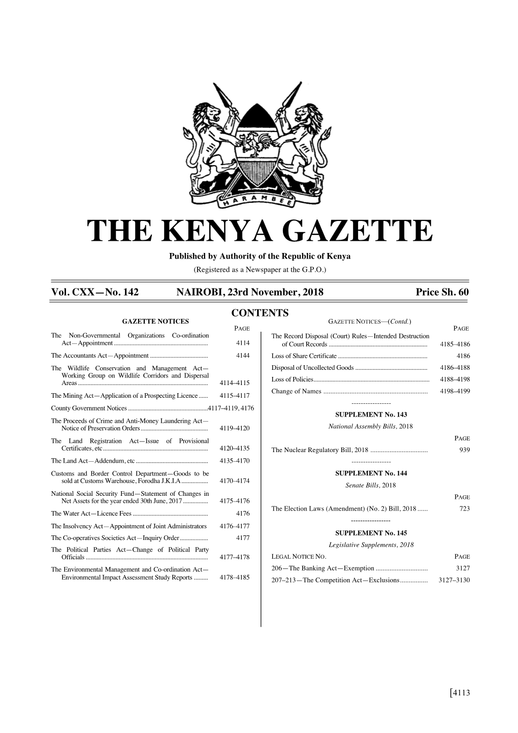 THE KENYA GAZETTE Published by Authority of the Republic of Kenya (Registered As a Newspaper at the G.P.O.)