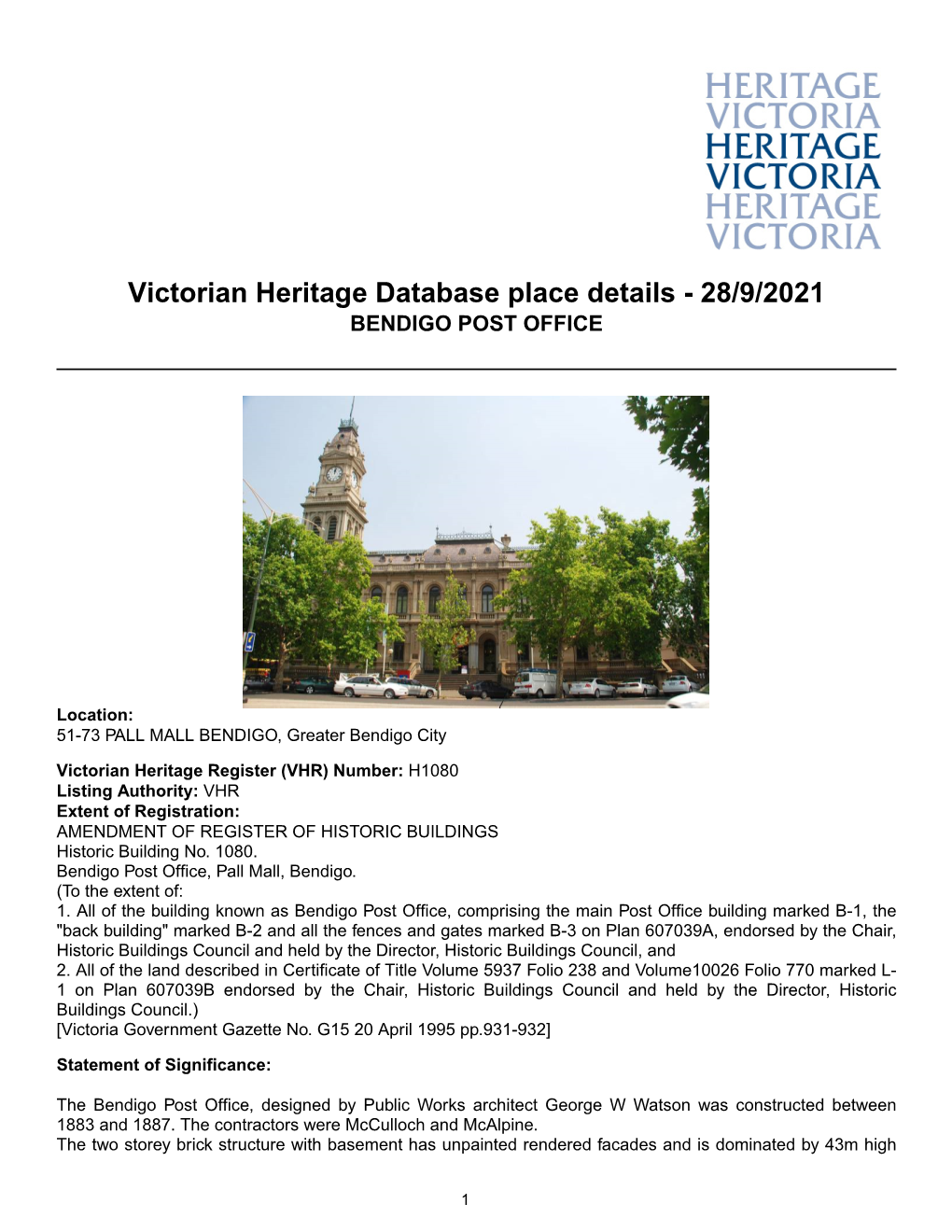 Victorian Heritage Database Place Details - 28/9/2021 BENDIGO POST OFFICE