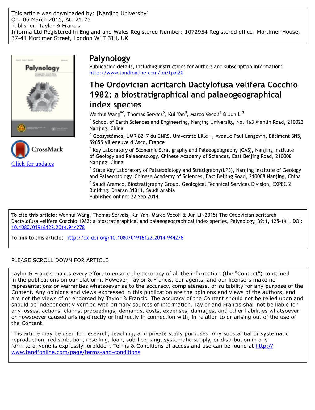 The Ordovician Acritarch Dactylofusa Velifera Cocchio 1982: A