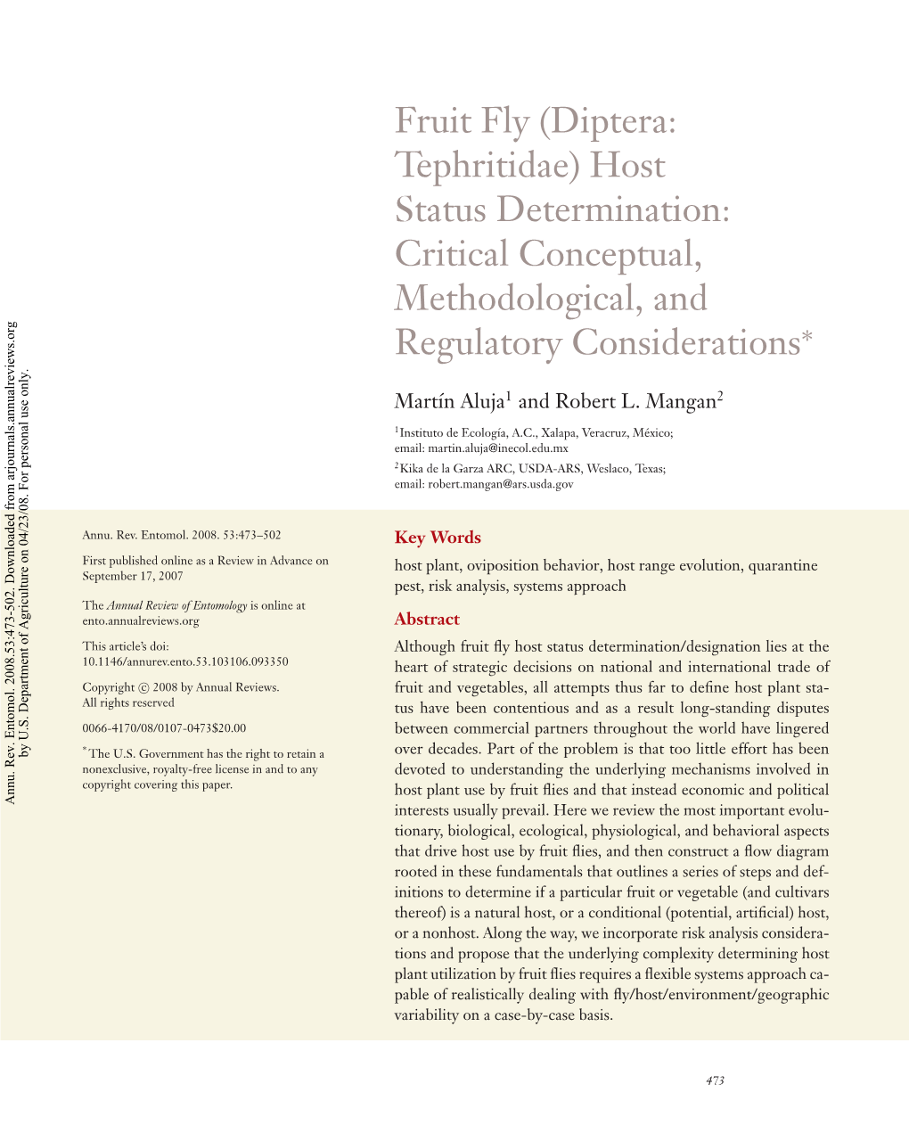 Fruit Fly (Diptera: Tephritidae) Host Status Determination: Critical Conceptual, Methodological, and Regulatory Considerations∗