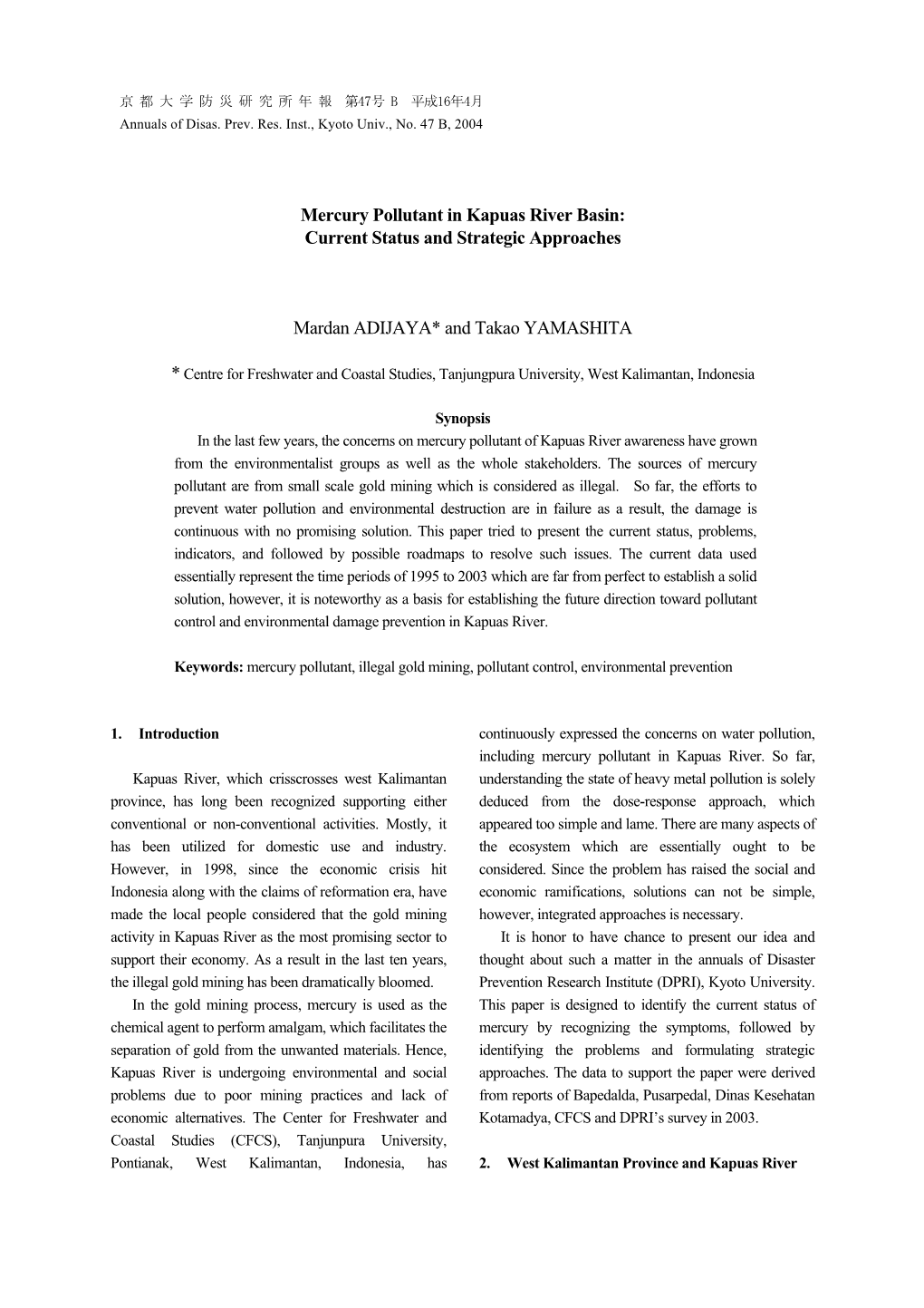 Mercury Pollutant in Kapuas River Basin: Current Status and Strategic Approaches