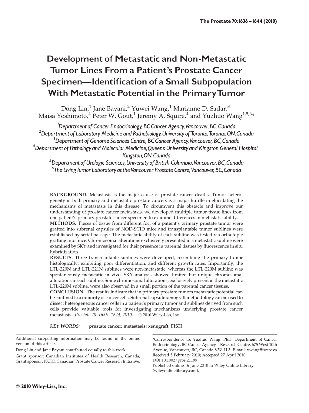 Development of Metastatic and Nonmetastatic Tumor Lines from A