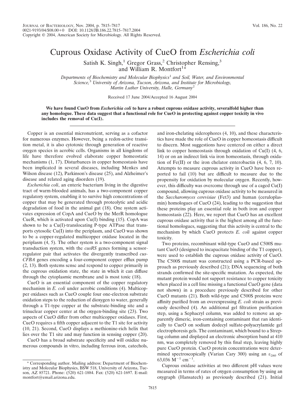 Cuprous Oxidase Activity of Cueo from Escherichia Coli Satish K