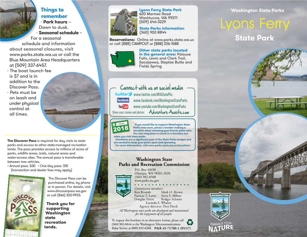 Lyons Ferry State Park Washington State Parks 620 Marmes Road Remember Washtucna, WA 99371 • Park Hours – (509) 646-3229 Dawn to Dusk