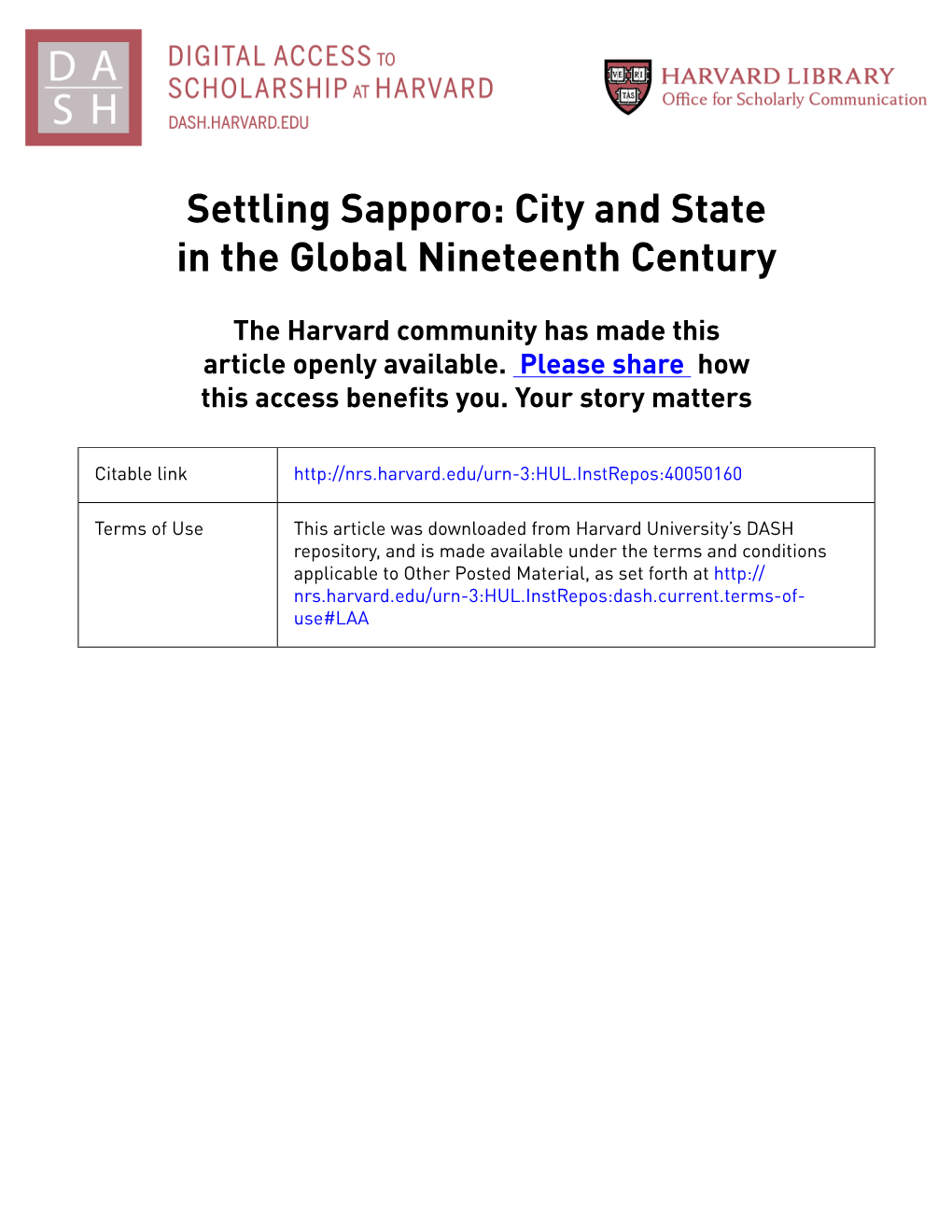 Settling Sapporo: City and State in the Global Nineteenth Century