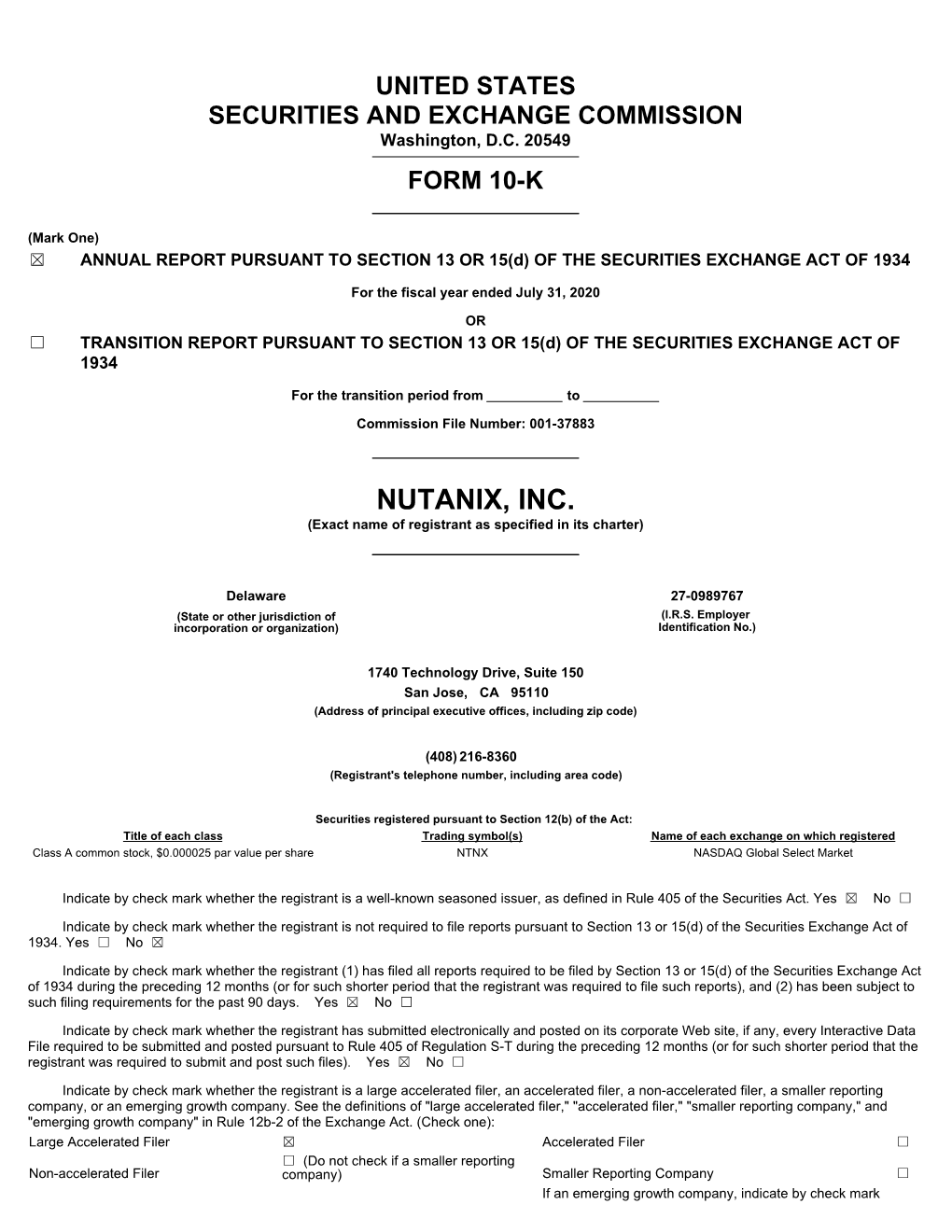 NUTANIX, INC. (Exact Name of Registrant As Specified in Its Charter)