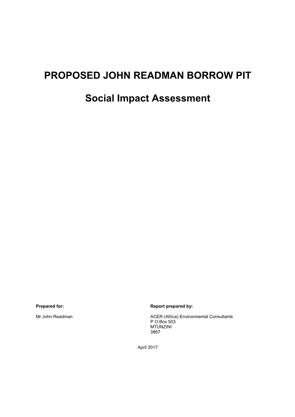 PROPOSED JOHN READMAN BORROW PIT Social Impact