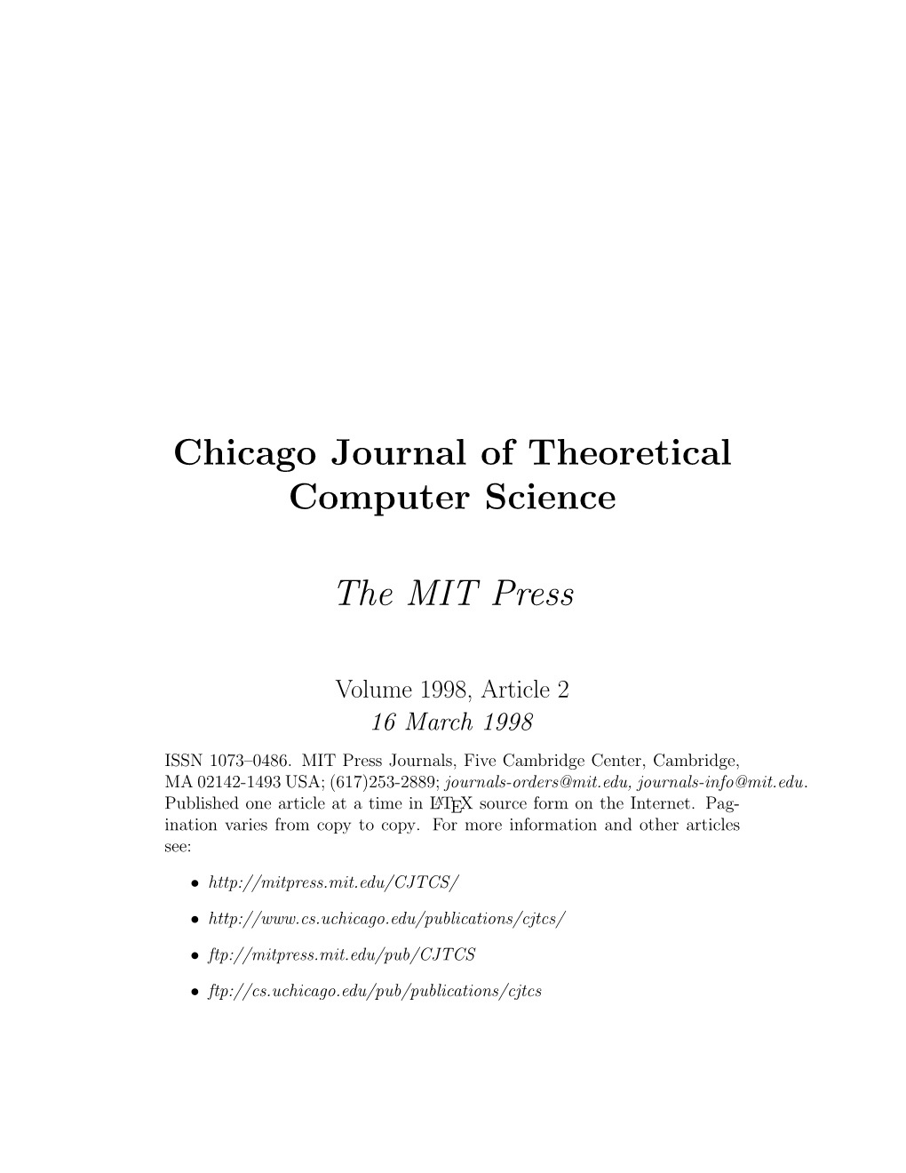 Chicago Journal of Theoretical Computer Science the MIT Press