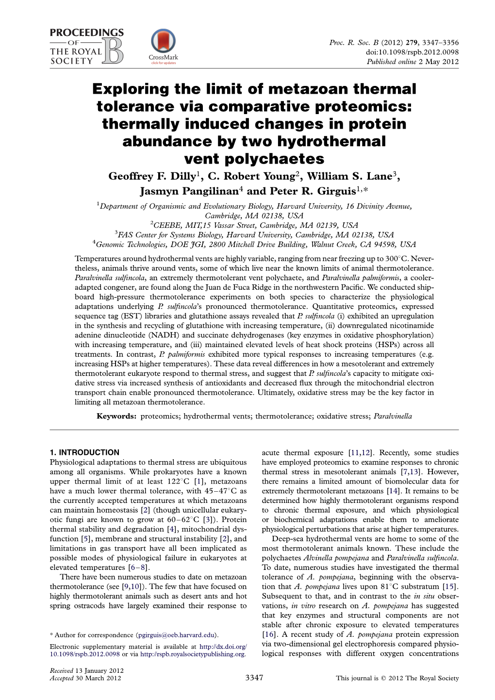 Thermally Induced Changes in Protein Abundance by Two Hydrothermal Vent Polychaetes Geoffrey F