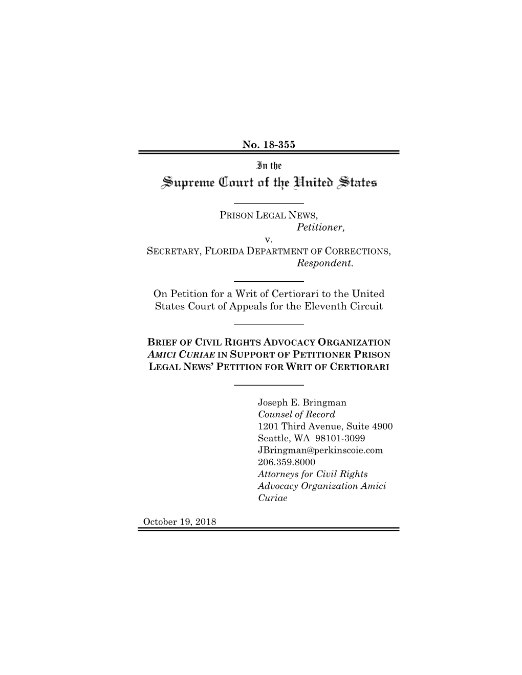 No. 18-355 in the Petitioner, V. Respondent. on Petition for a Writ