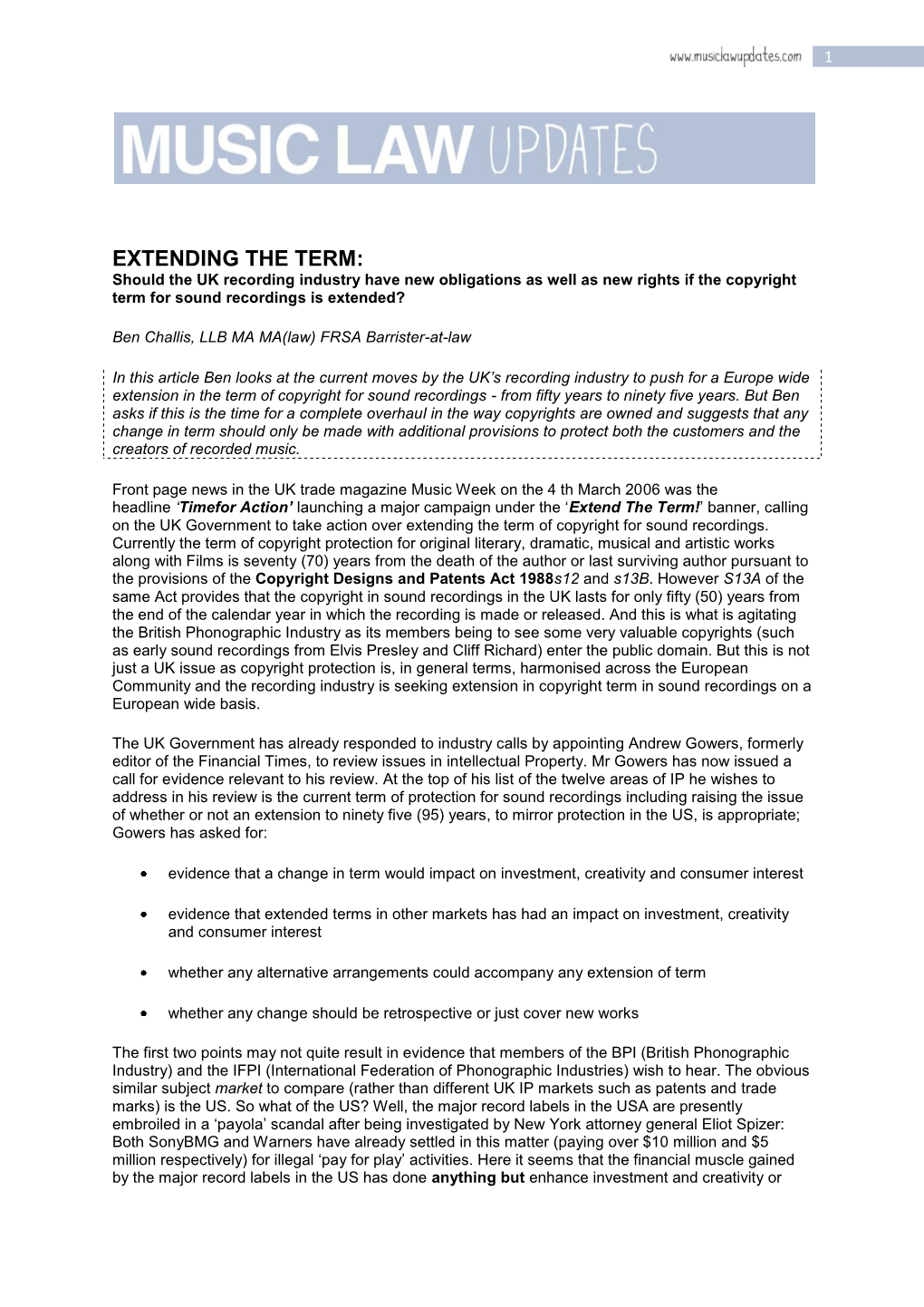 EXTENDING the TERM: Should the UK Recording Industry Have New Obligations As Well As New Rights If the Copyright Term for Sound Recordings Is Extended?