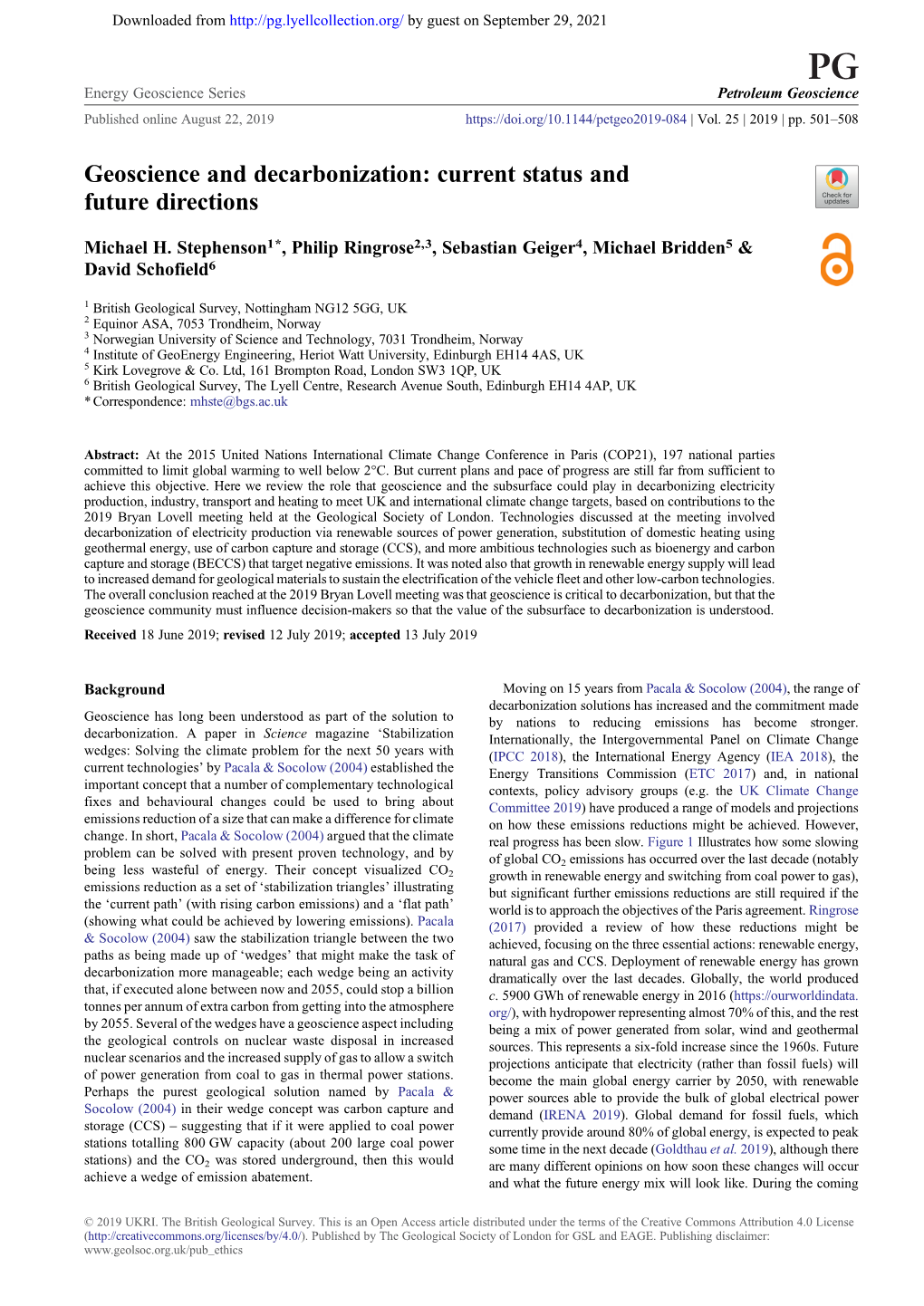 Geoscience and Decarbonization: Current Status and Future Directions