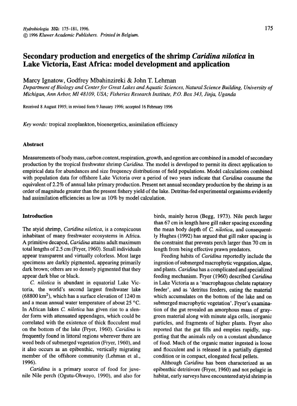 Caridina Nilotica in Lake Victoria, East Africa: Model Development and Application