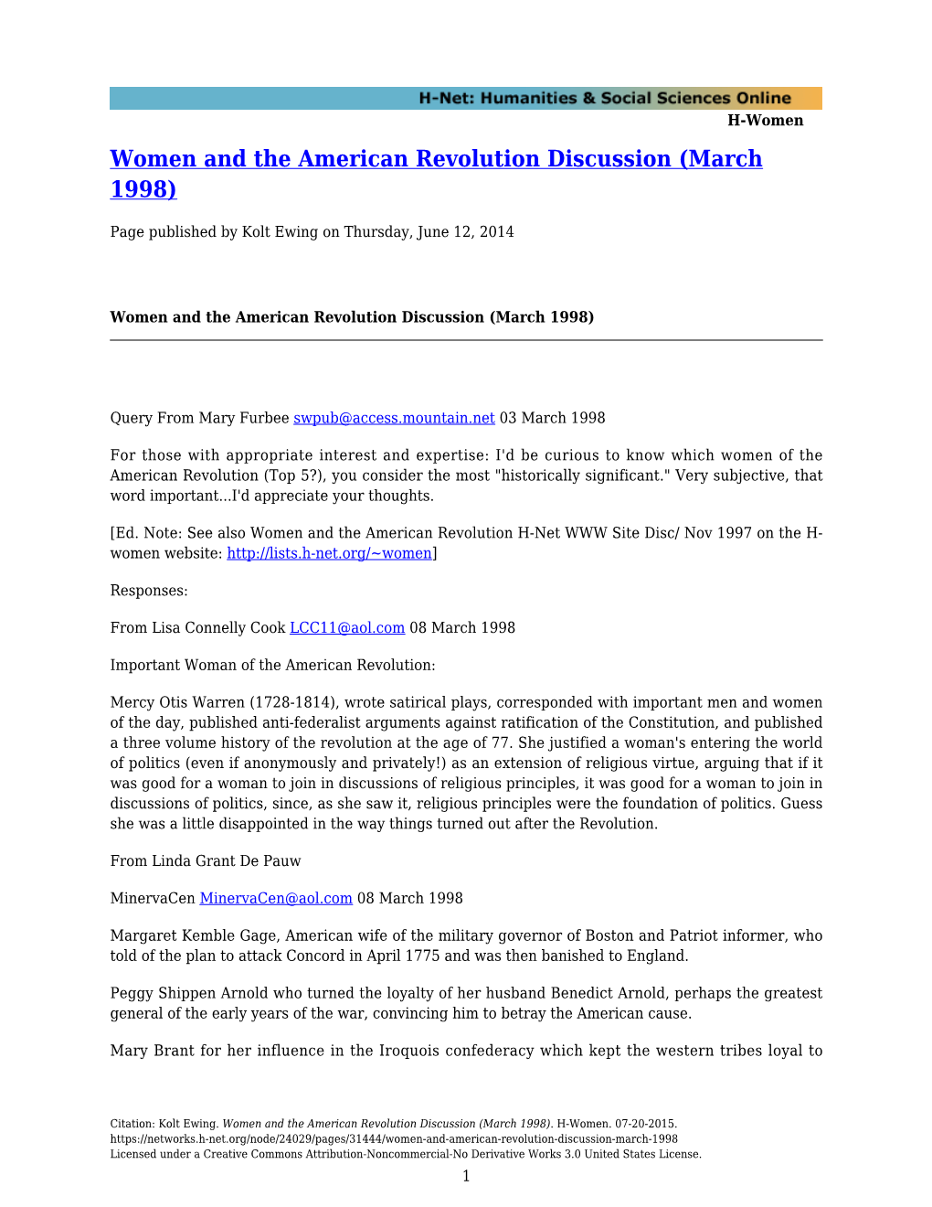 Women and the American Revolution Discussion (March 1998)