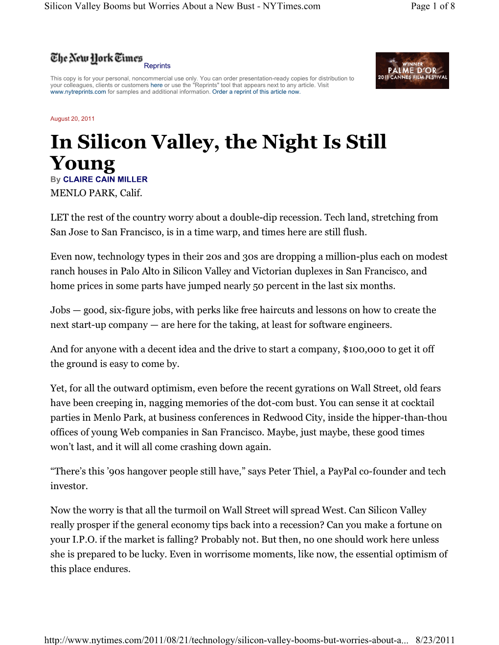 In Silicon Valley, the Night Is Still Young by CLAIRE CAIN MILLER MENLO PARK, Calif