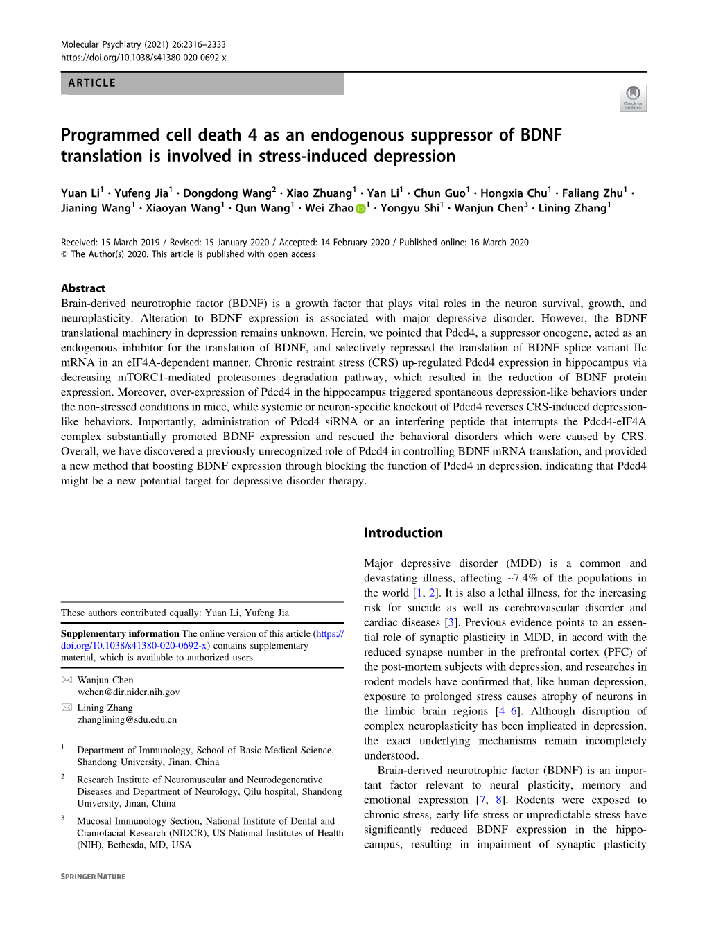 Programmed Cell Death 4 As an Endogenous Suppressor of BDNF Translation Is Involved in Stress-Induced Depression