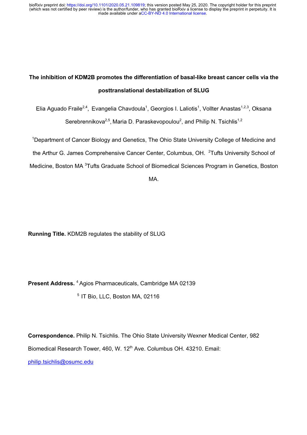 The Inhibition of KDM2B Promotes the Differentiation of Basal-Like Breast Cancer Cells Via The