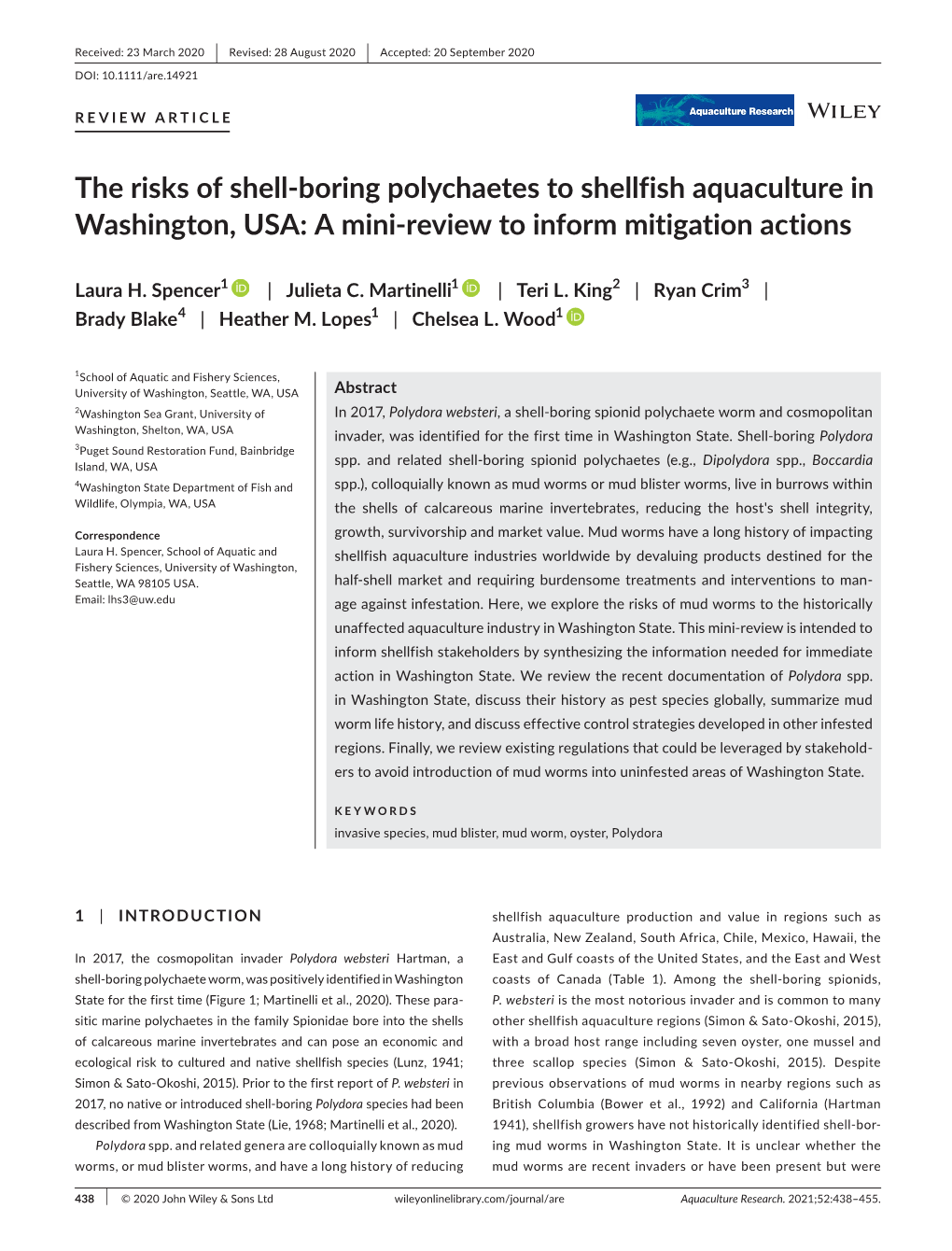 Boring Polychaetes to Shellfish Aquaculture in Washington, USA: a Mini-Review to Inform Mitigation Actions