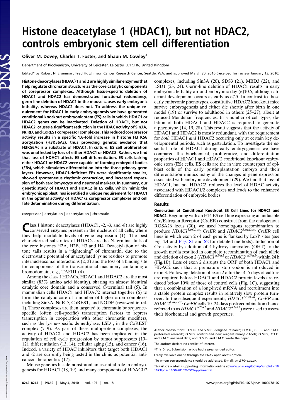 (HDAC1), but Not HDAC2, Controls Embryonic Stem Cell Differentiation