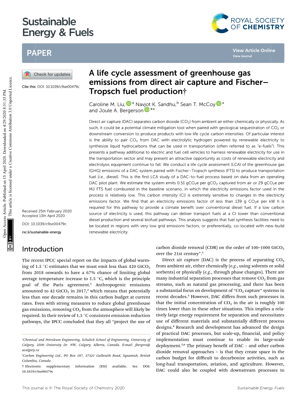 A Life Cycle Assessment of Greenhouse Gas Emissions from Direct Air Capture and Fischer–Tropsch Fuel Production