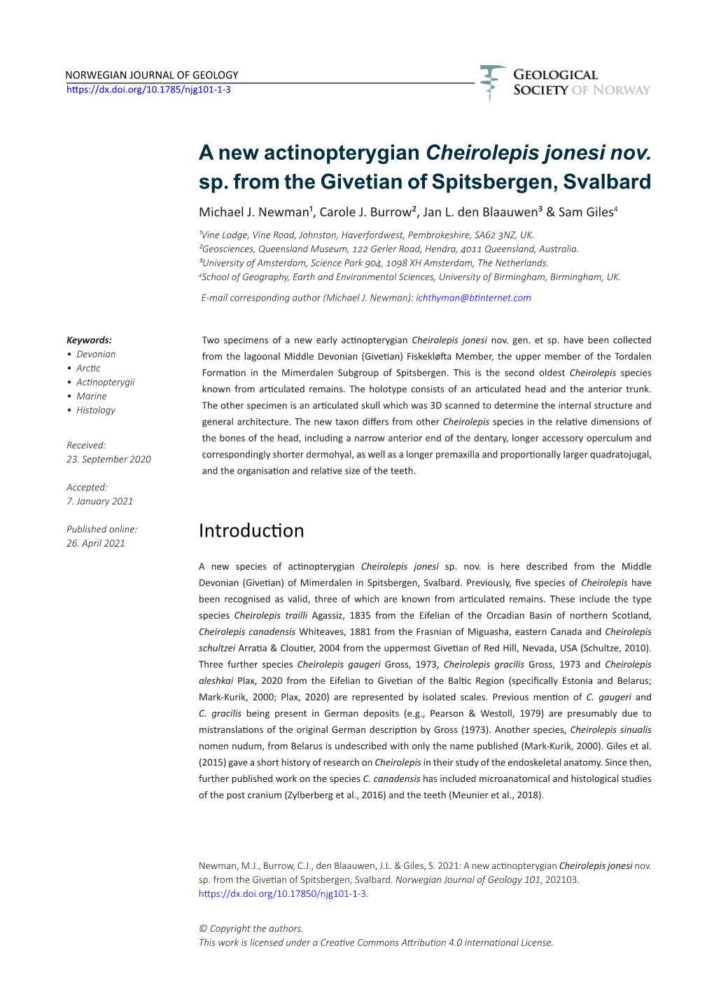 A New Actinopterygian Cheirolepis Jonesi Nov. Sp. from the Givetian of Spitsbergen, Svalbard Michael J